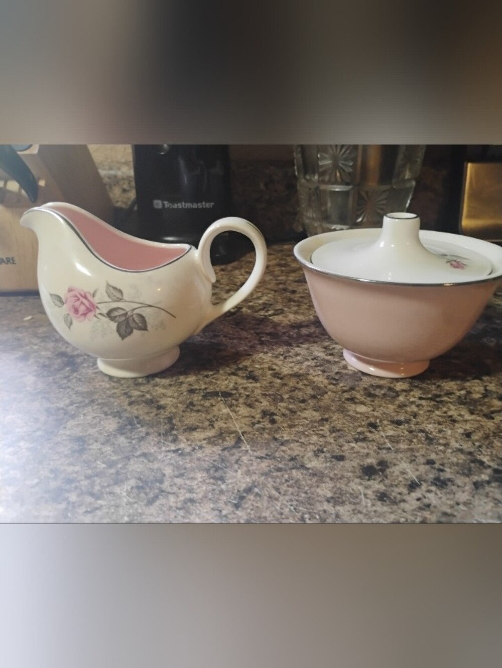 Vintage Pink Creamer and Lidded Sugar Bowl Set - Porcelain with Pink Interior